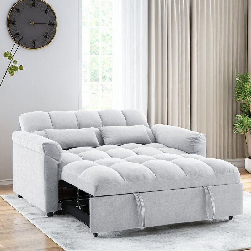 Minetta 62.5 Convertible Loveseat Sofa Bed with Pull Out Bed Latitude Run Fabric Light Gray 100 Linen